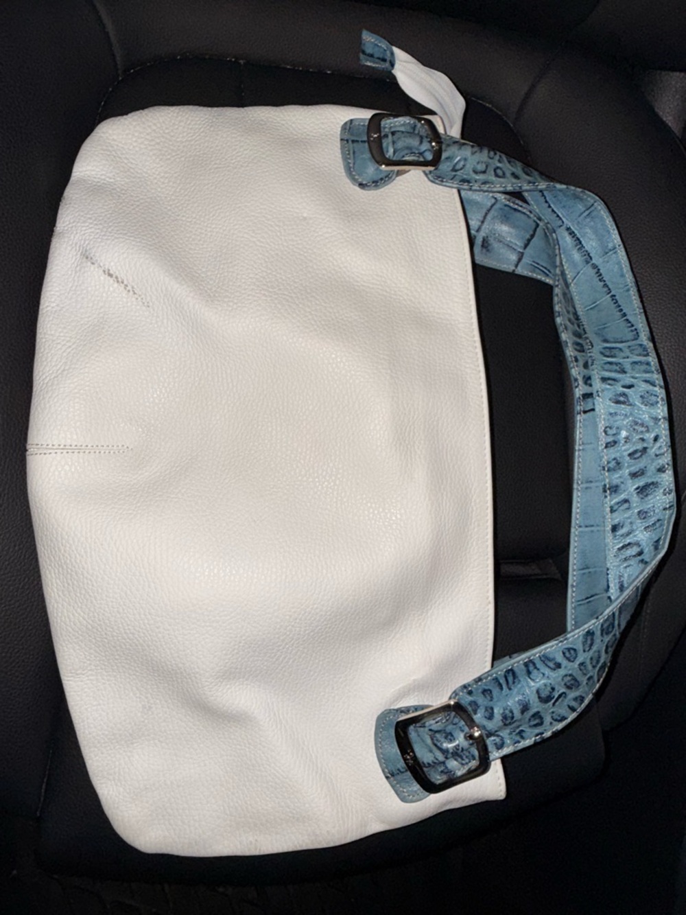 White Leather Shoulder Bag with Blue Croc-Effect Strap PETUSCO - Picture 3 of 16
